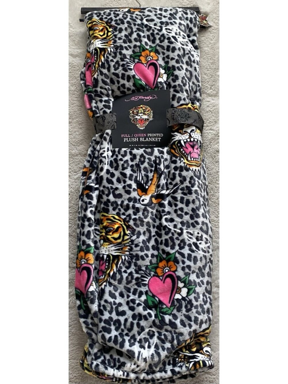 Ed Hardy Full Queen Plush Blanket Leopard Print Tiger Hearts & Logos 90"x90" NEW